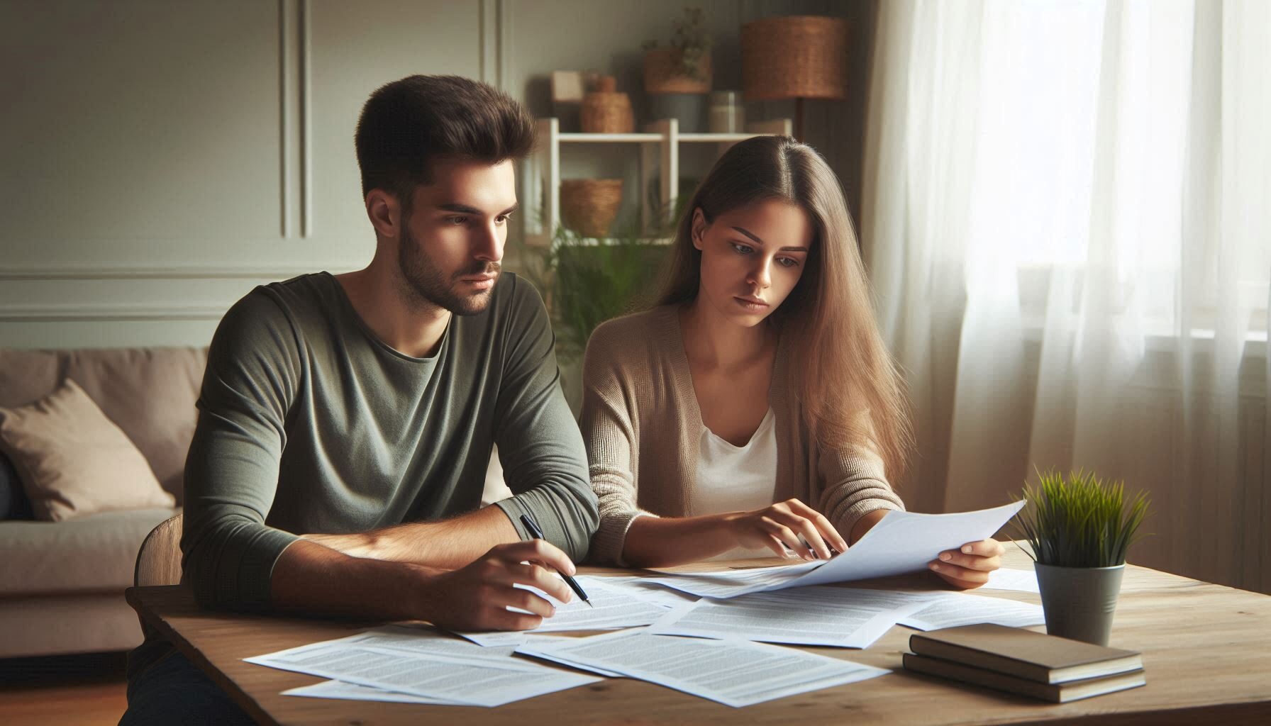 A young couple sits at a table, surrounded by papers and documents. They are intently discussing the details of various insurance products, trying to make the best decision for their future. The room is filled with natural light, creating a warm and inviting atmosphere that puts them at ease. The walls are painted a soft, neutral color, and there are a few potted plants scattered around the room, adding a touch of greenery to the space. The couple looks serious but determined, ready to tackle this important decision together.