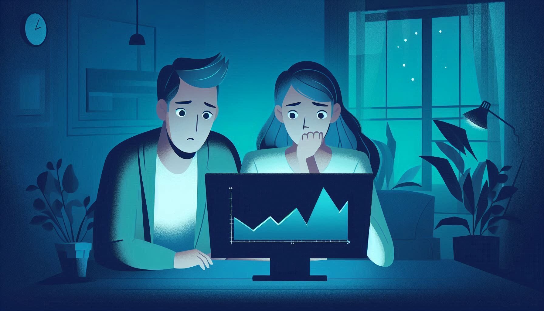 A couple sitting at a table, looking at a computer screen with a graph on it. The room is dimly lit and the color scheme is blue and green. The couple looks worried and anxious as they analyze the data on the screen.